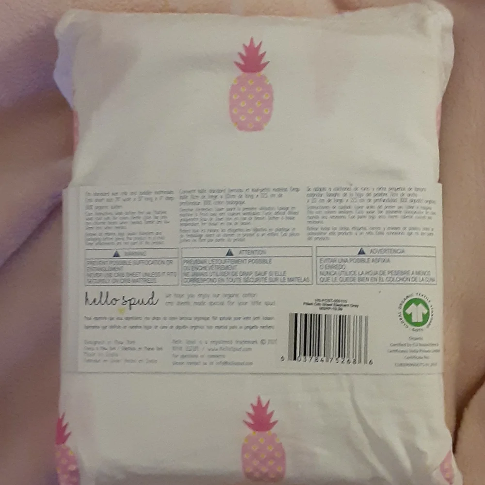 Hello Spud white pink yellow pineapple fitted cribsheet 100% organic cotton New…